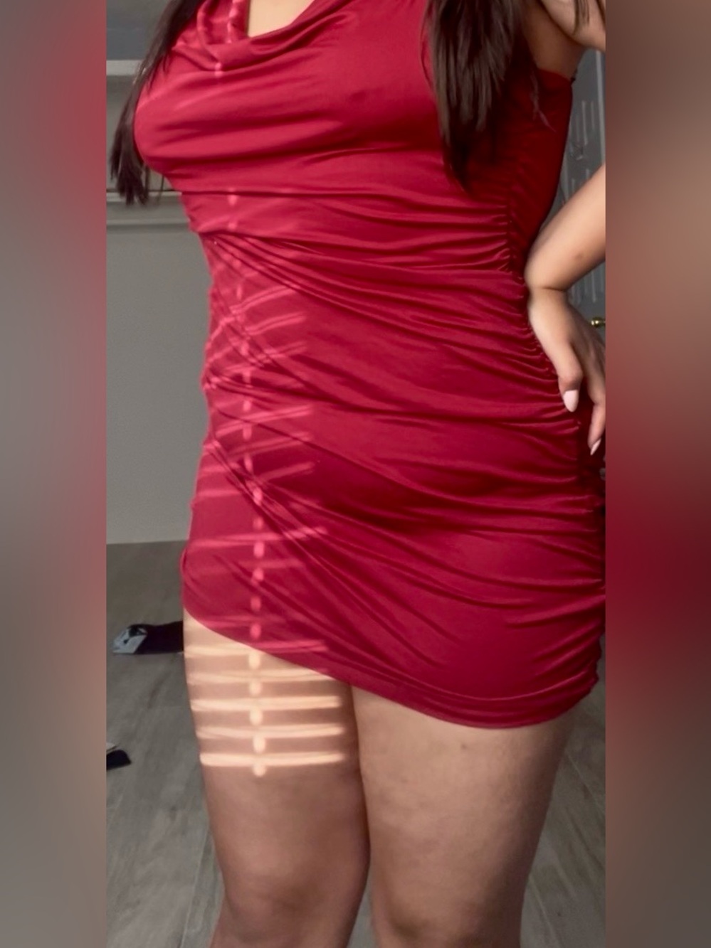 SHEIN Burgundy Ruched Satin Chemise Mini
